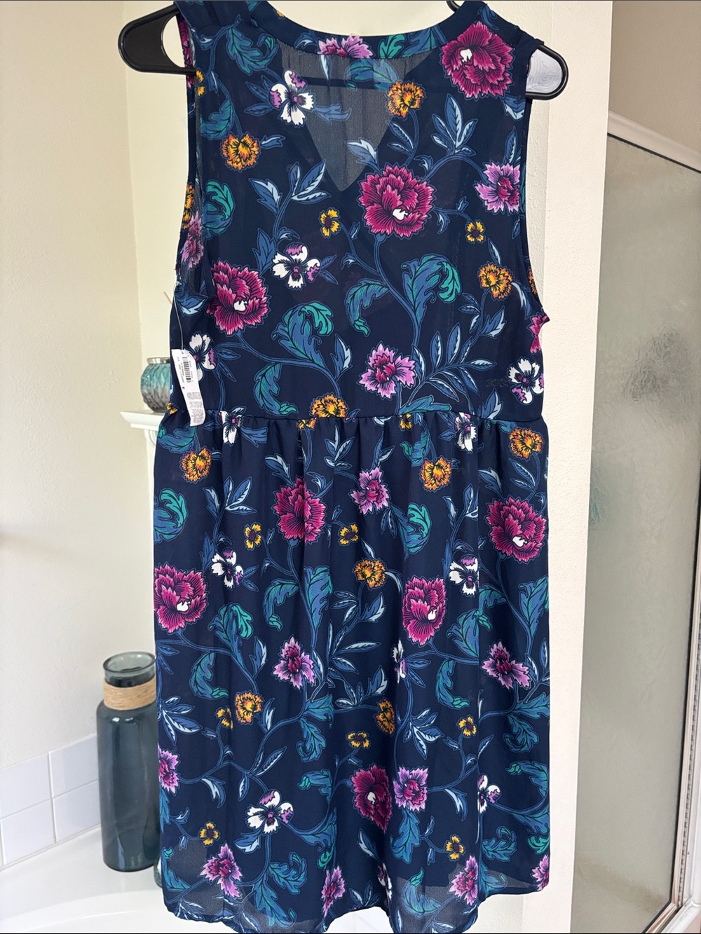 Old Navy NWT Floral Sheer Lined V-Neck Dress Navy Blue Pink Teal Accents Medium - Picture 2 of 4